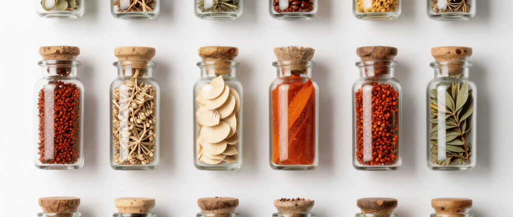 A rustic wooden table with vintage spice jars and emerald green herbs arranged alongside an ancient map fragment.