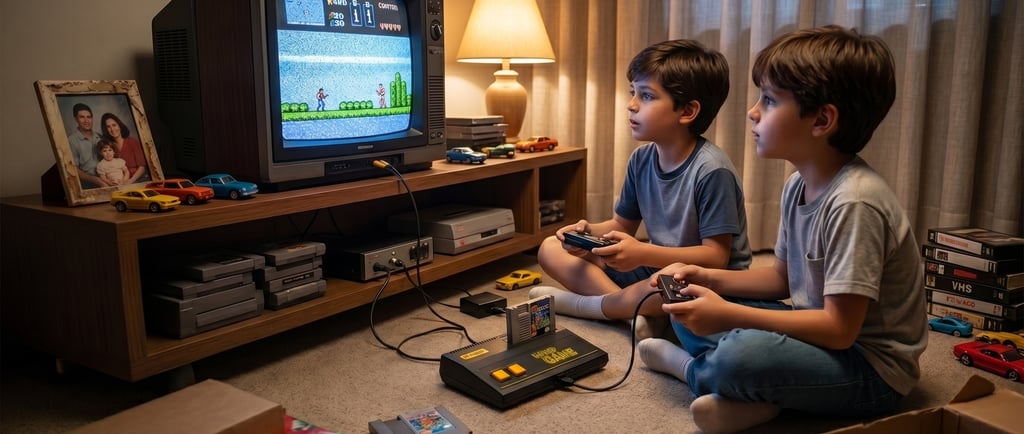 Two young boys playing a retro 8-bit video game on a vintage CRT television with wired controllers.