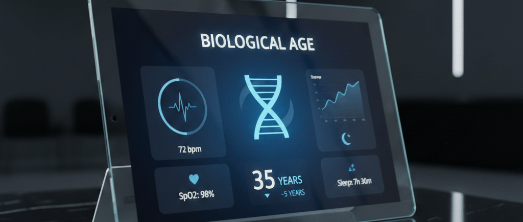 Digital health dashboard on a glass tablet displaying biological age of 35 years and DNA methylation