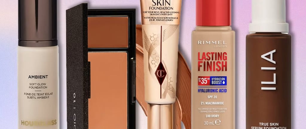 A collection of luxury and drugstore liquid foundations and concealer palettes for a variety of skin tones.