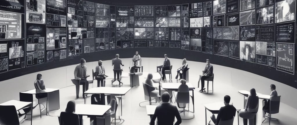 A sleek workspace with dual monitors displaying AI data visualizations in rich blue tones.