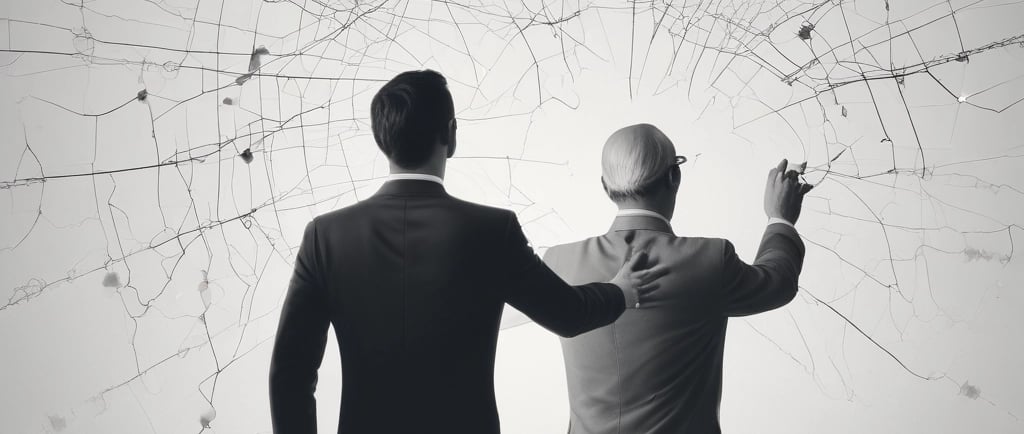 A sleek, modern workspace with dual monitors displaying data visualizations and AI algorithms in rich blue tones.