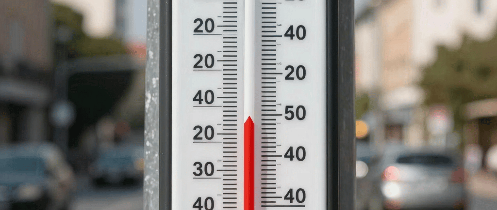 Street thermometer showing 40 degrees Celsius with a red arrow pointing upward