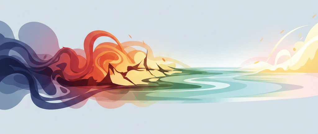 A wide, horizontal abstract illustration representing human emotions. Soft flowing shapes and layers