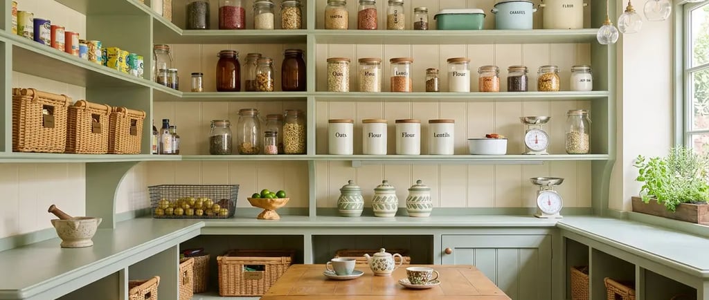 a sage and cream farm kitchen with organised shelves