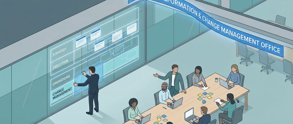 An overhead view of a large, modern corporate workspace where a project 'swimlane' diagram is projected on a glass wall. 