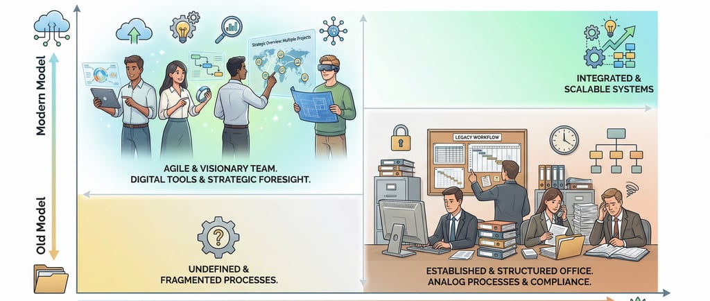 Illustration of a large glass wall in a modern corporate office displaying swimlane. 