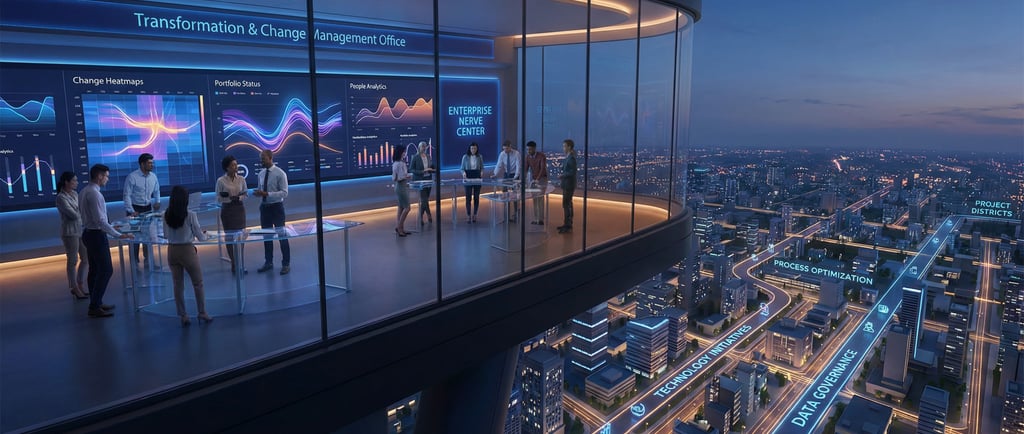 Futuristic illustration of a ‘Transformation & Change Management Office’ as a glass‑walled control room above projects