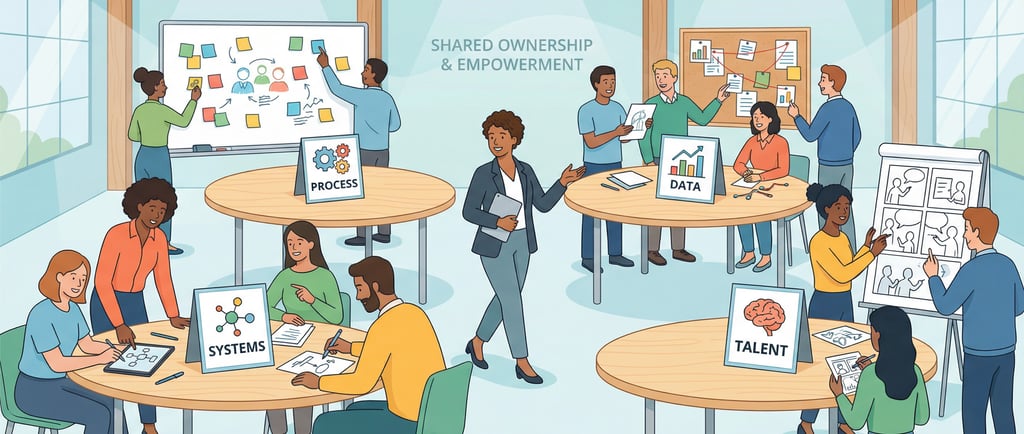 Dynamic illustration of several cross‑functional teams at different tables in a modern workshop space.