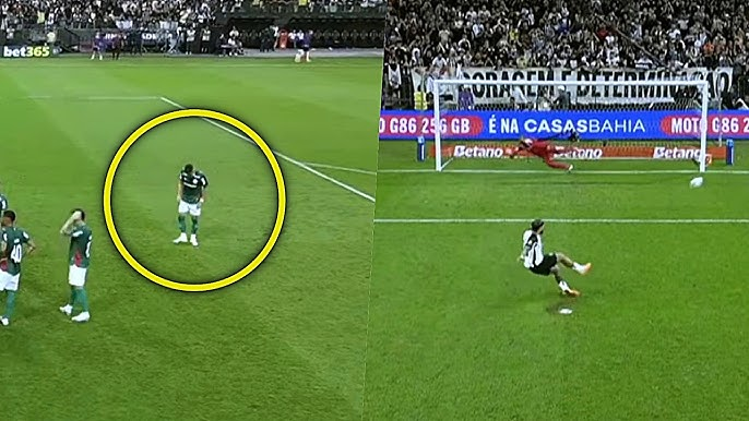 Close-up dos pés do jogador Andreas Pereira desgastando o gramado na marca do pênalti durante o Derb