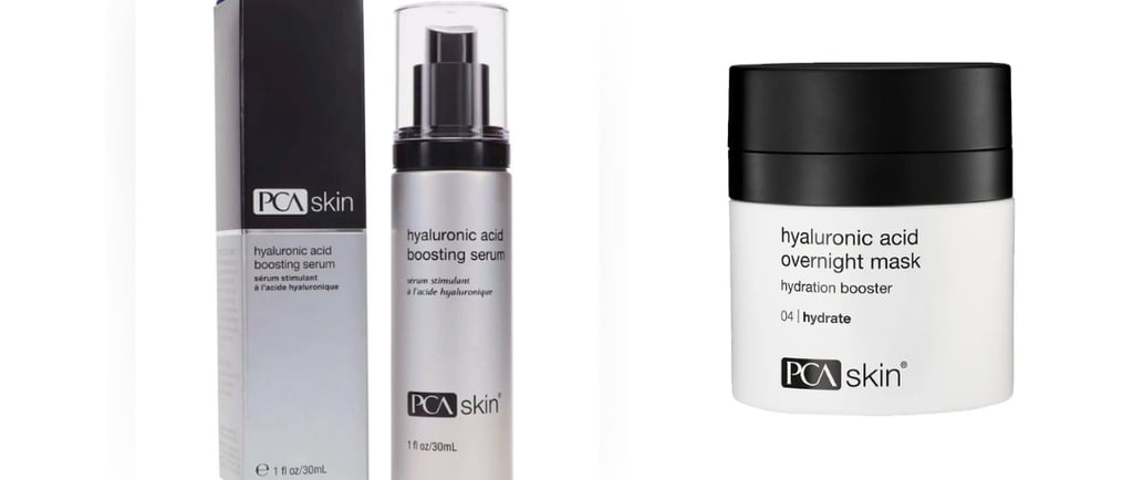 PCA Skin hyaluronic acid boosting serum with packaging and overnight mask jar on white background.