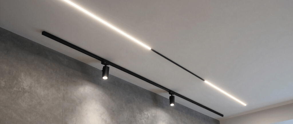 Сучасне освітлення натяжної стелі — світлові лінії та магнітний трек у вітальні, монтаж у Львові
