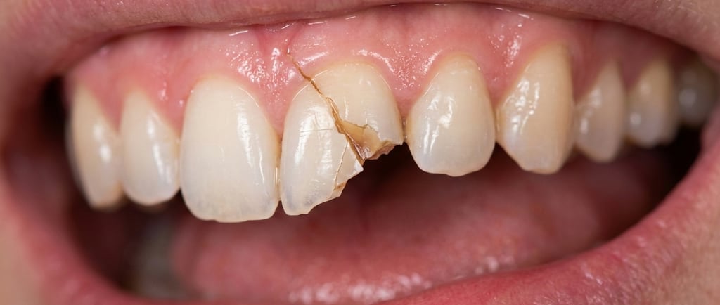 Close-up of a severely cracked and chipped front tooth needing emergency dental repair.
