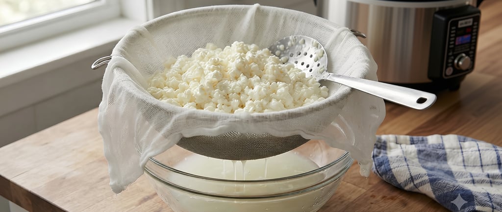 home made cottage cheese being strained next to a slow cooker