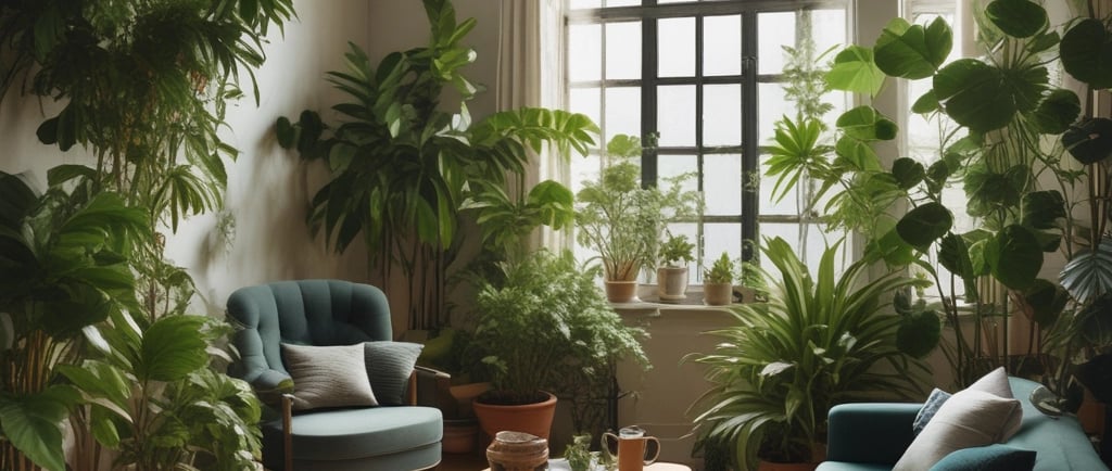 A cozy living room corner with lush green plants by the window, sunlight streaming in.