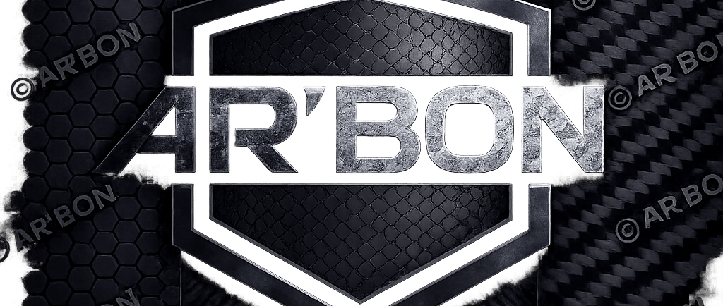 AR'BON logo displayed in a metallic silver finish over a dark, textured carbon fiber background.