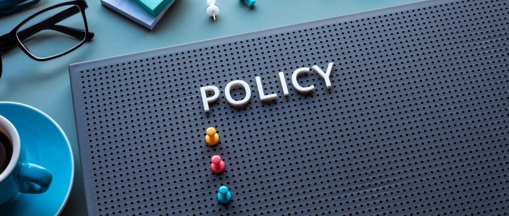 A perforated board with the word "POLICY" in white letters, colorful push pins below