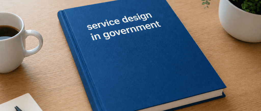 Blue book titled service design in government on wooden table