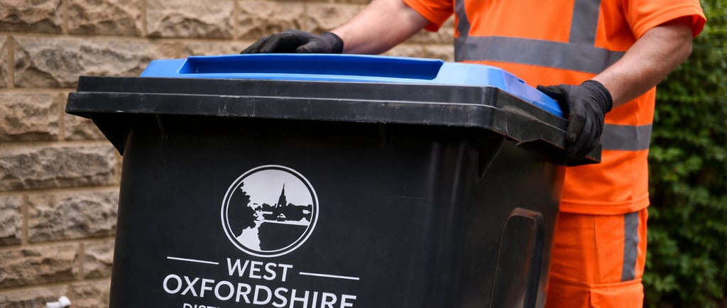 A waste collection worker in hi-vis orange moving a West Oxfordshire District Council recycling bin.