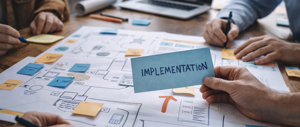 A business team planning project implementation strategy using flowcharts and sticky notes.