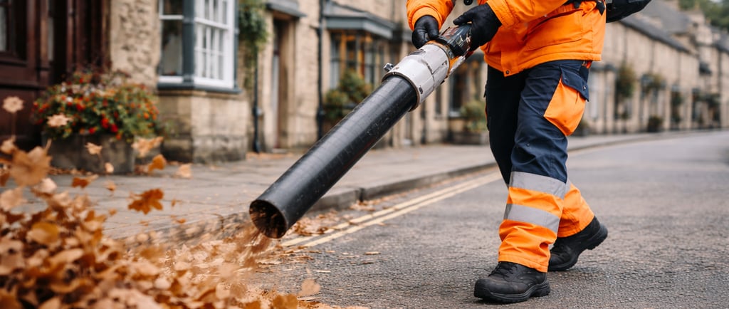 A worker in high-visibility orange gear uses a leaf blower to clear autumn leaves on a street.
