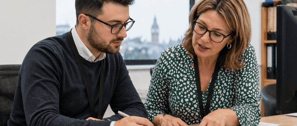 Two colleagues collaborate at a desk with documents.