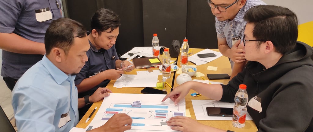 Professional team collaborating on a Scrum framework diagram during a business strategy workshop.