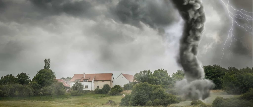 Black tornado funnel and lightning over field during thunderstorm