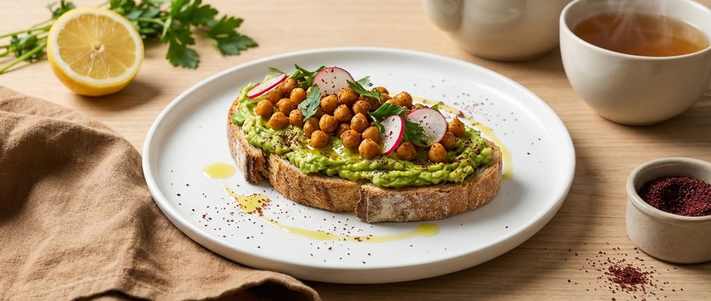 Toast de Avocat -Pois-Chiches sur table avec arriere plan de citron et persil