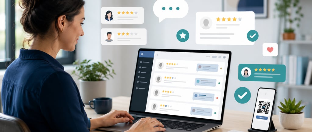 A businesswoman managing online customer reviews and five-star ratings on a laptop with a QR code scanner.