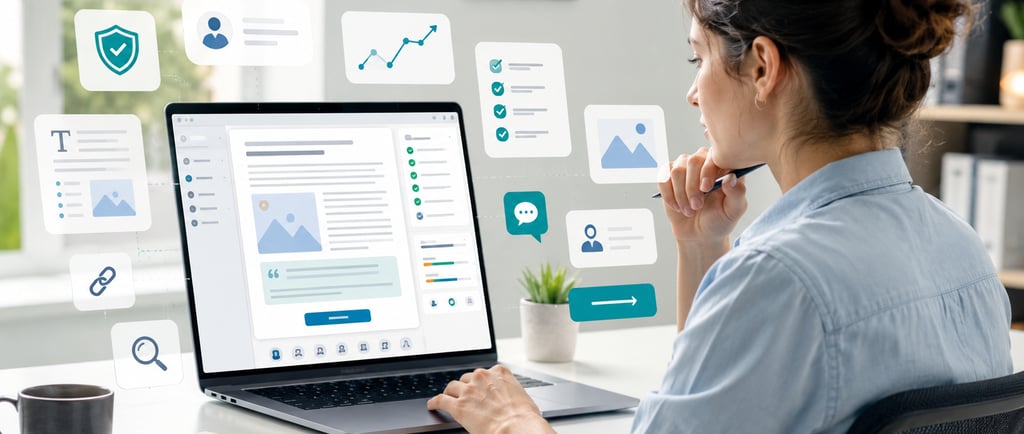 A content creator uses an intuitive CMS dashboard on a laptop with floating digital icons for website management.
