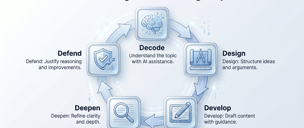 AI-Augmented Writing Loop: Decode, Design, Develop, Deepen, and Defend for academic writing