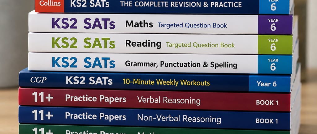 A stack of books to support KS2 SATs and 11+ Exam