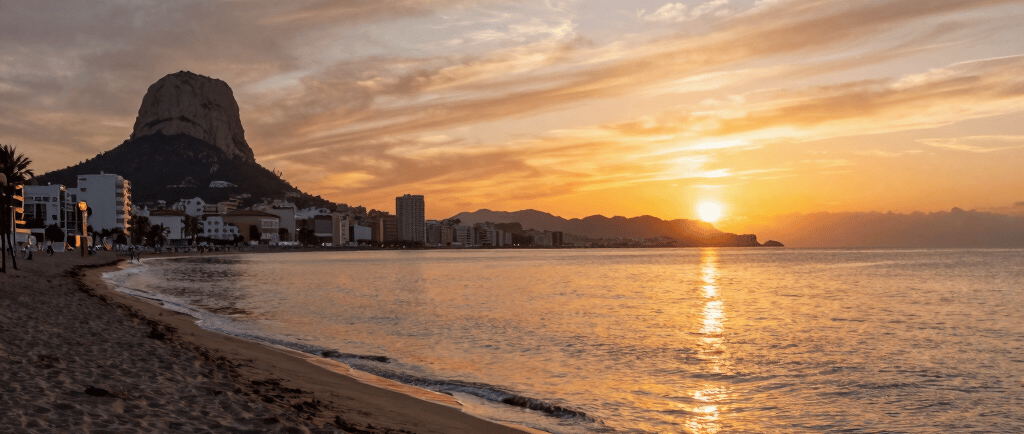 Golden sunrise over a sandy Mediterranean beach with the Peñón de Ifach rock formation in Calpe, Spain.