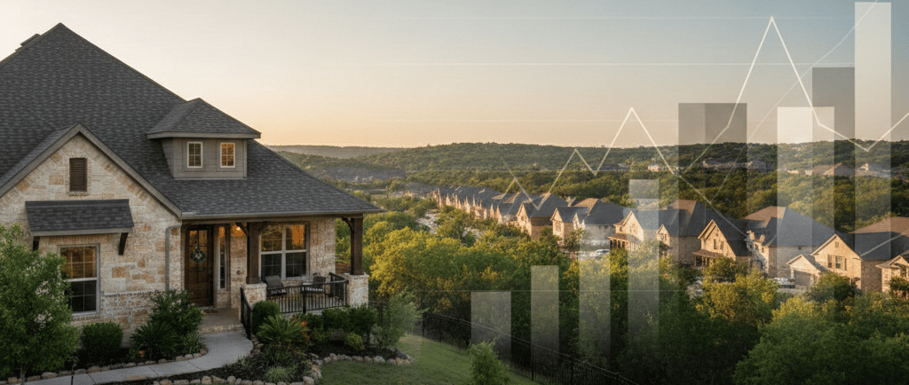 House with rolling hills and graph overlay