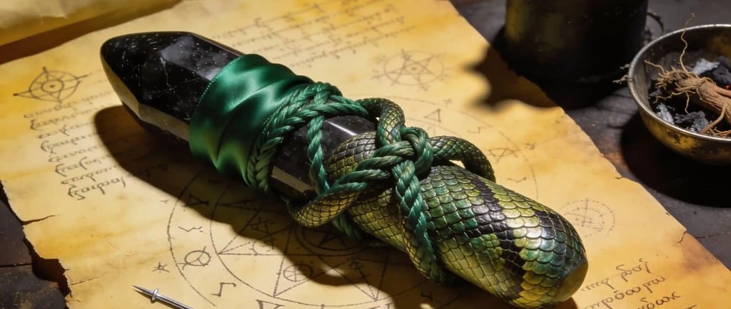 A black crystal ritual tool wrapped in snake skin and green cord on an ancient occult parchment.