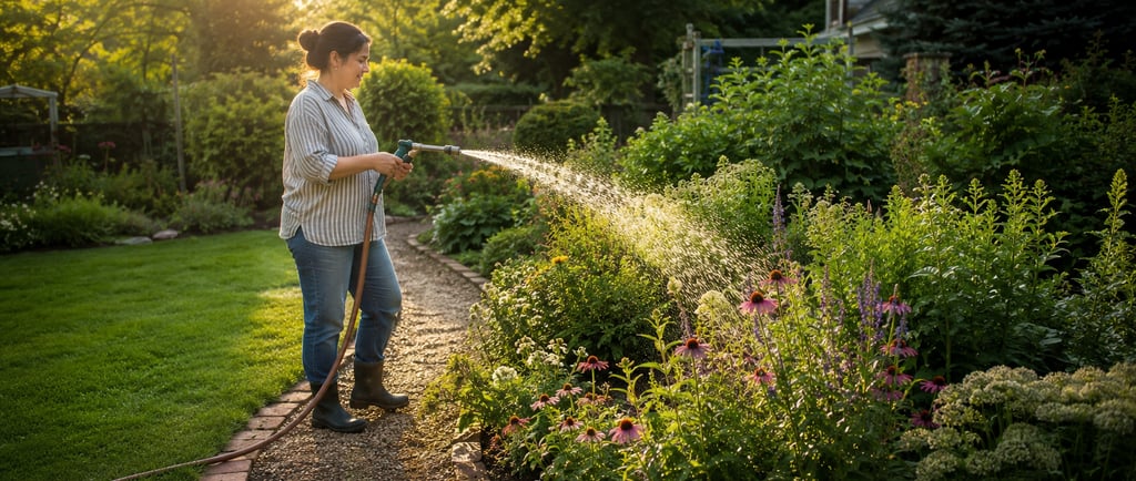 Gardener watering a flower bed in the early morning summer light