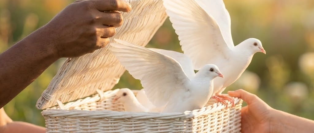 a person holding a basket with a white doves being released at a funeral service