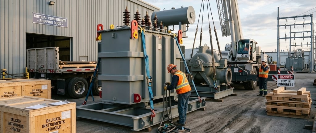 An industrial electrical power transformer secured to a heavy-duty metal transport skid with blue ti