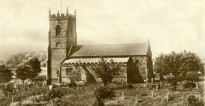 Vintage postcard of Dawley Parish Church, a stone historic landmark with a graveyard in Shropshire.