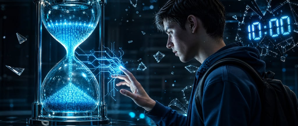 A student touching a digital hourglass filled with glowing blue binary code and circuit patterns.