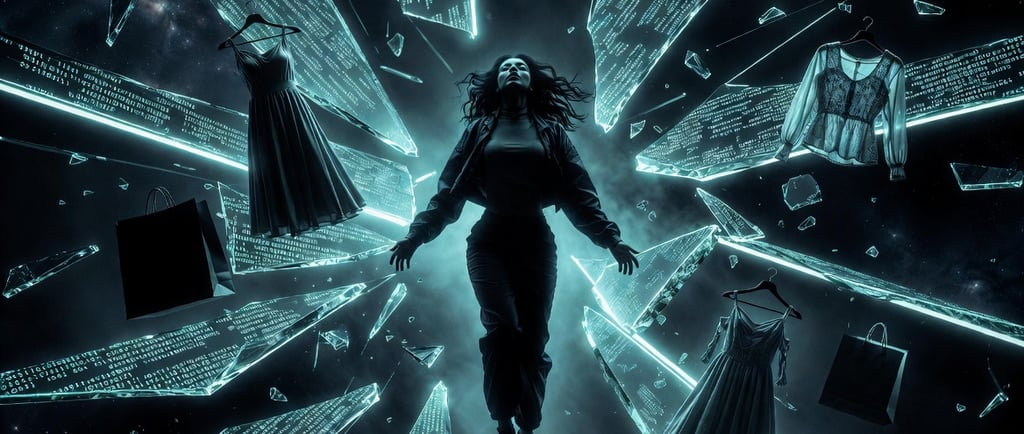 Surreal digital art of a woman floating among glowing data shards and virtual fashion apparel.