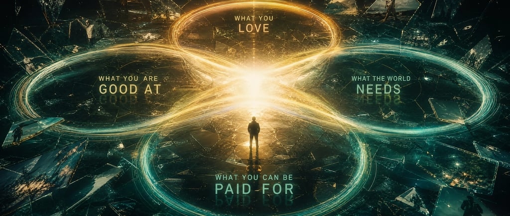 A glowing digital Ikigai diagram illustrating purpose with interconnected circles and a central silhouette.