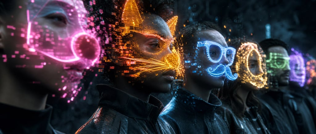 People wearing glowing digital neon augmented reality filters and masks in a futuristic dark setting.