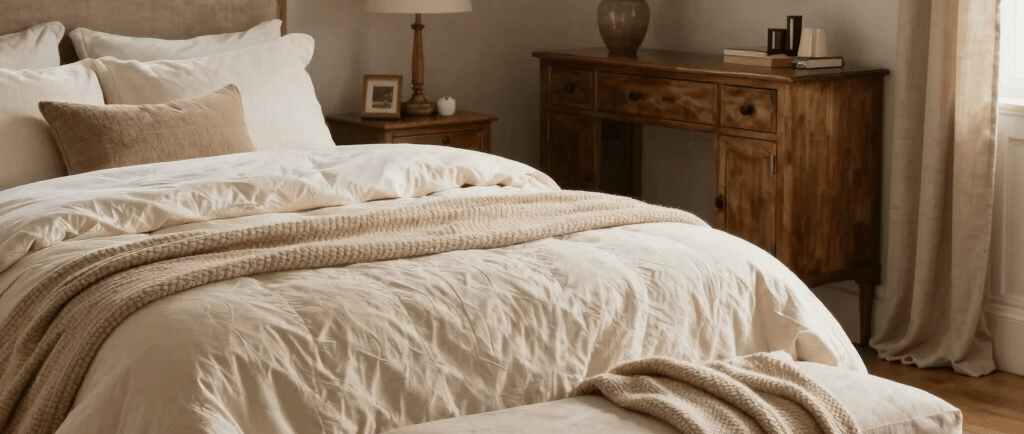 A cozy bedroom corner bathed in soft natural light with layered textiles and a touch of greenery.