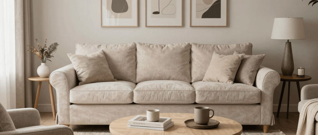 A cozy living room corner with soft natural light, a plush armchair, and a small wooden side table holding a steaming cup of tea and a stack of design magazines.