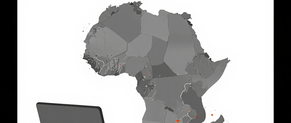 A sleek laptop displaying a detailed interactive map of African digital infrastructure hubs under a focused desk lamp.