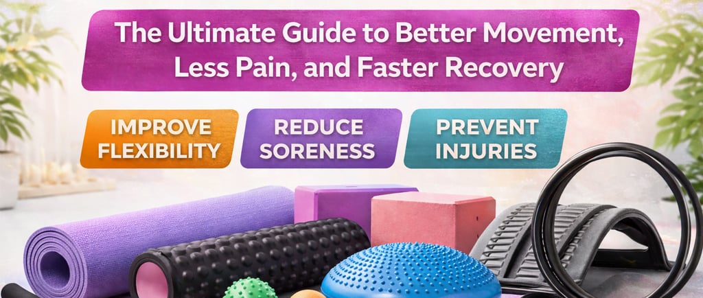 Flexibility and mobility gear including foam rollers, yoga mats, and stretching tools for recovery.