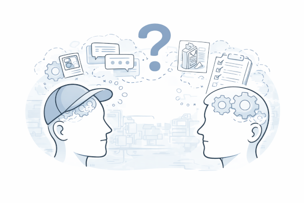 Two people facing each other with maintenance notes icons floating between them