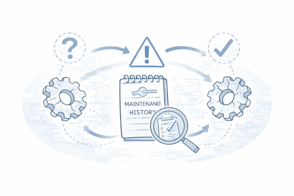 Maintenance history notebook with gears arrows and warning icons